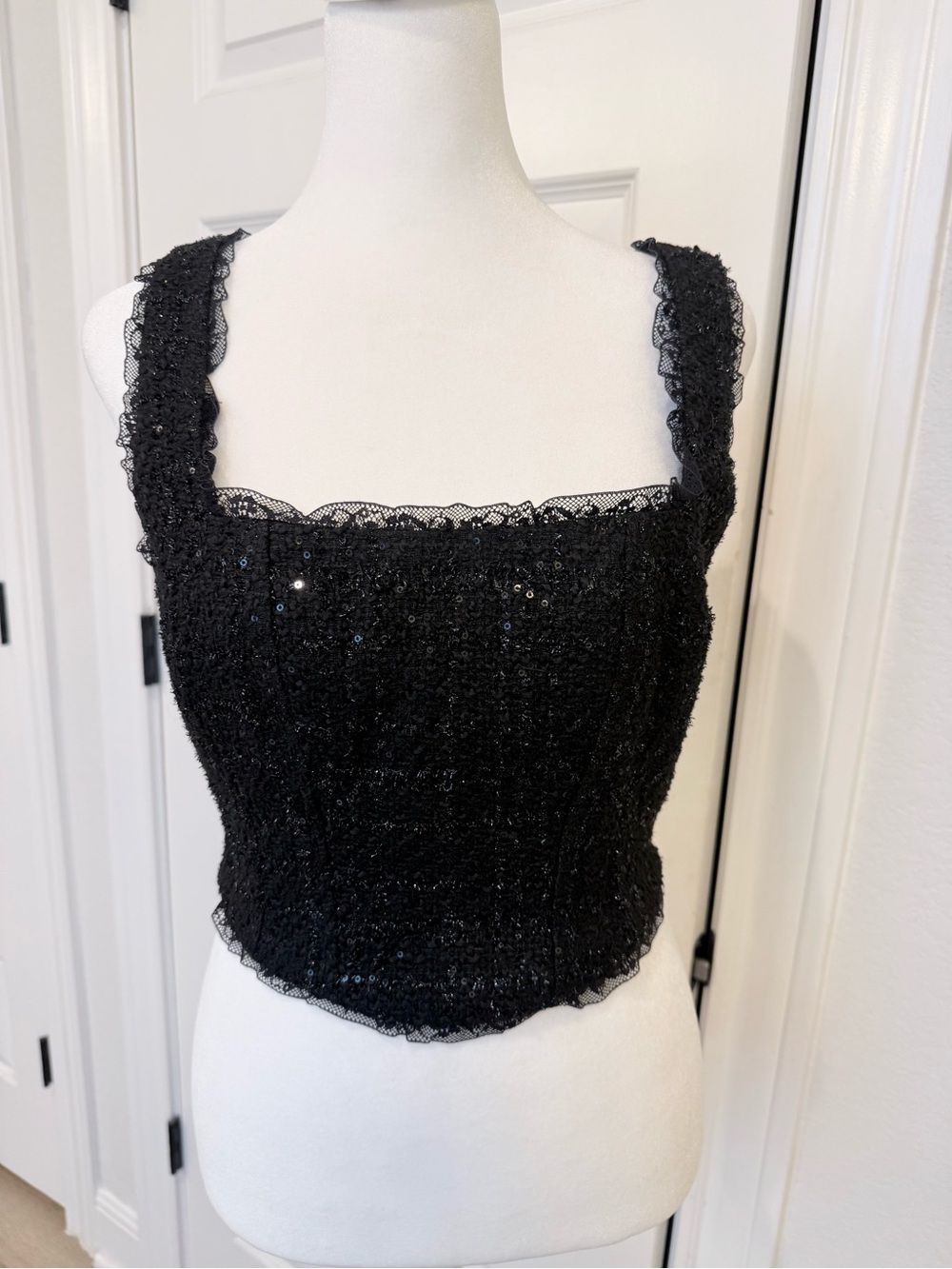 Lush Black Tweed And Lace Sequin Crop Top